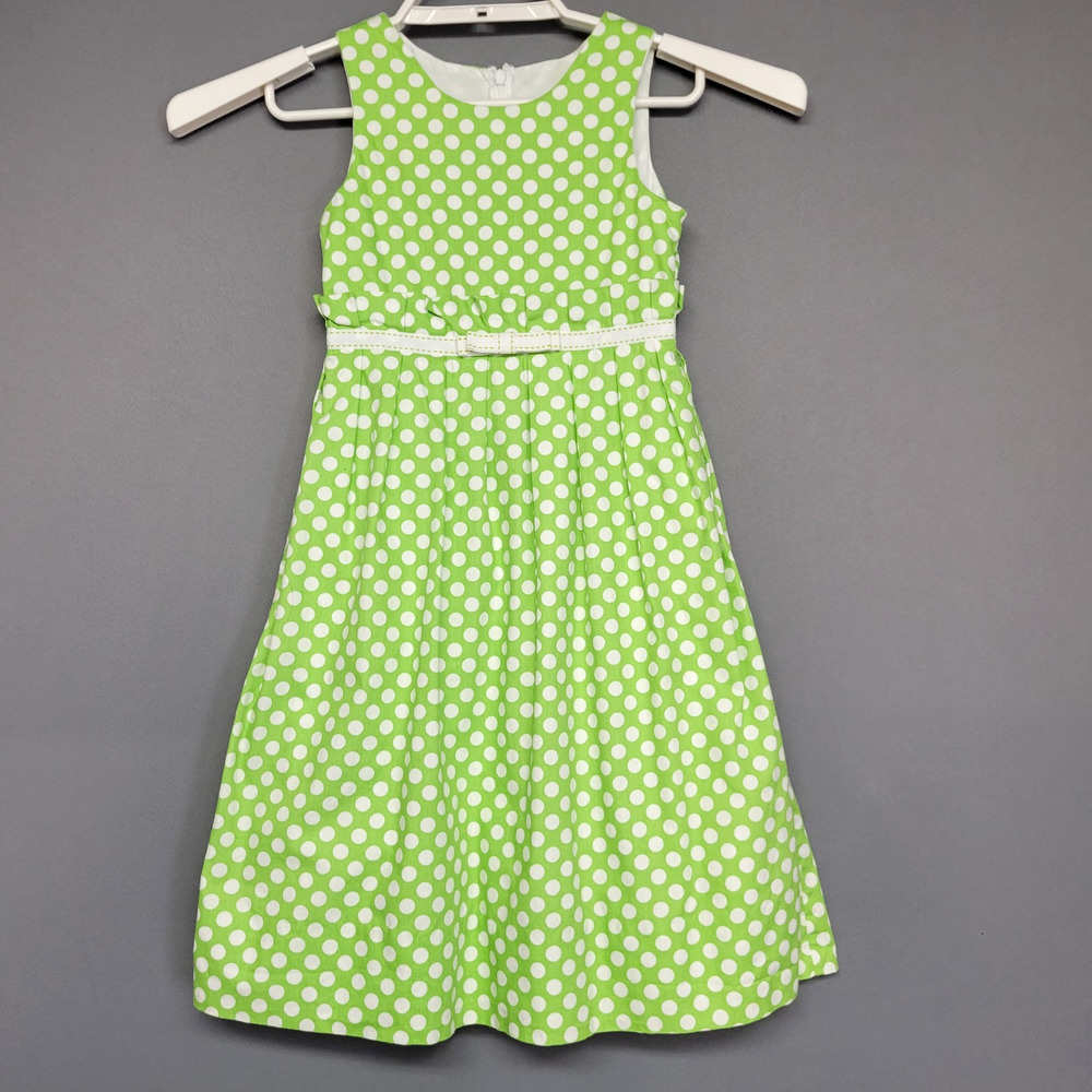 Peaches n Cream Dress Girls 6X Green White Polka Dot Sleeveless Spring Party